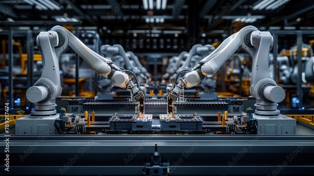 Two robotic arms working on an assembly line Two robotic arms working on an assembly line