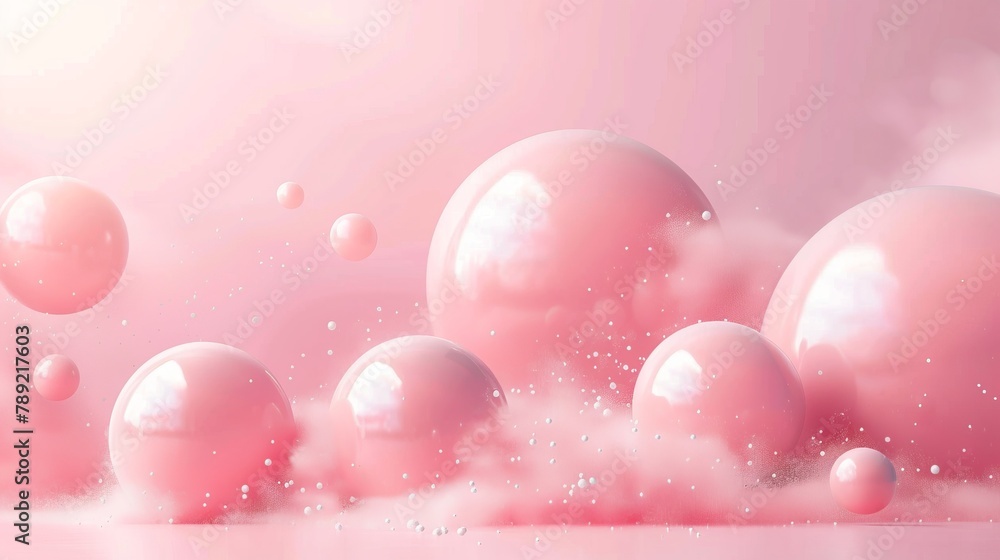 3D pink spheres of different sizes and transparency. Pastel colour palette. Abstract background.