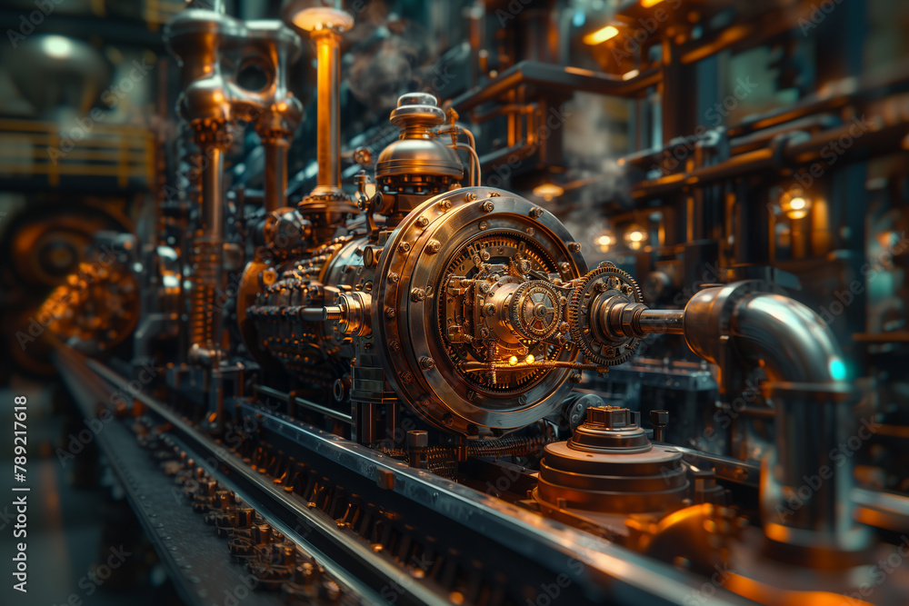 A steampunk-inspired time machine powered by gears, steam, and clockwork mechanisms. A steam engine is on a factory train track, a marvel of engineering