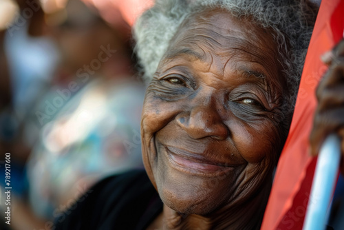 The face of an elderly African-American woman glows with joy  her expression attracts attention against the slightly blurred background of the juneteenth public parade
