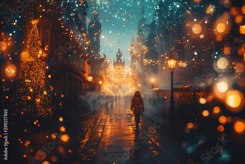 A time traveler stepping out of a shimmering portal into a bustling medieval marketplace.a person is walking down a street at night in the rain photo