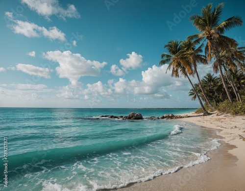 Coastal beach scene with turquoise waters and palm trees 
