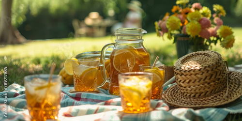 Cozy setting of a Juneteenth family picnic with traditional beverages like sweet tea and lemonade, natural outdoor light, with copy space for drink recipes or family stories