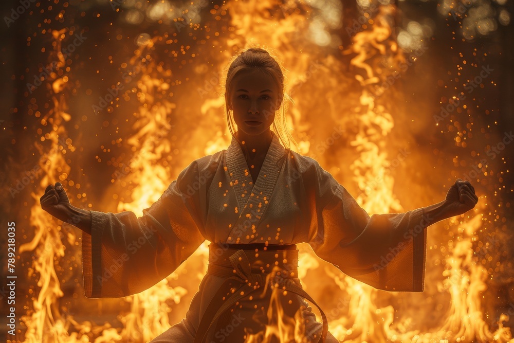 A martial artist demonstrates a strong stance, enveloped by flames, evoking a sense of disciplined strength