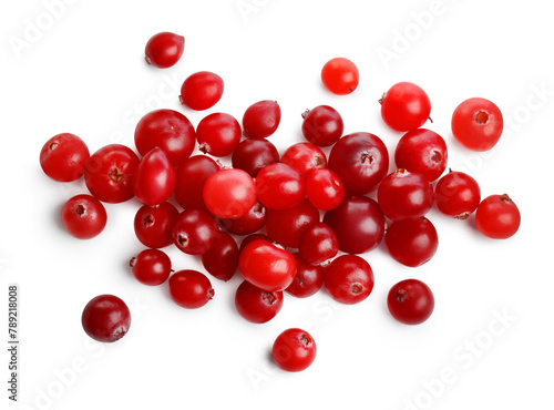 Pile of fresh ripe cranberries isolated on white, top view