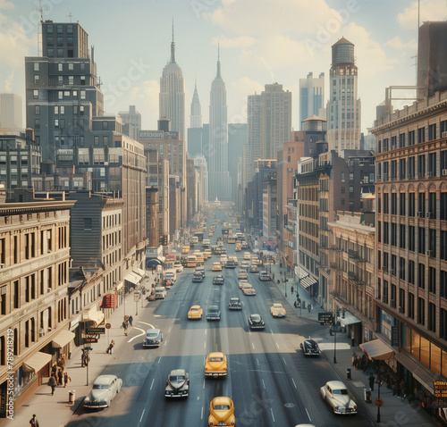 A vintage photograph of the bustling streets and skyscrapers of New York City in early morning, with classic cars driving down busy residential road, capturing the essence of urban life during that er