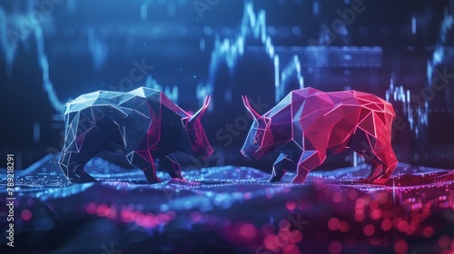 oncept of stock market exchange or financial technology, polygon bull and bear. Abstract image in the form of a starry sky or space, AI generated photo