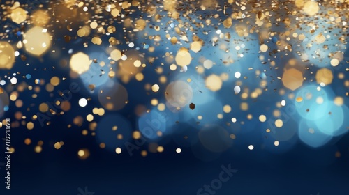 Holiday, christmas, new year, new year's eve background banner template - Abstract gold blue glitter bokeh lights texture, de-focused