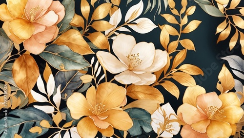 A repeating pattern of yellow and cream colored flowers and blue leaves on a black background.