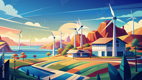 Energía eólica: una colorida ilustración vectorial.Eco - energía del futuro: generadores eólicos en estilo digital brillante.Energía eólica.wind, aerogeneradores, Landscape, eco Energy, digital,