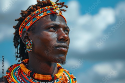 A proud African warrior in traditional tribal attire gazes into the distance photo