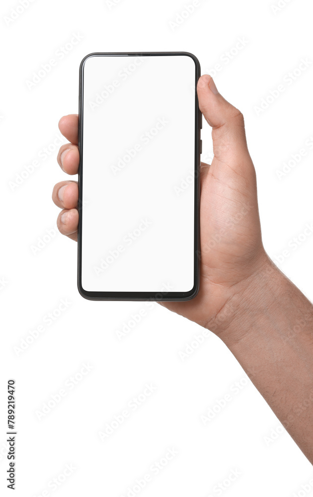 Man holding smartphone with blank screen isolated on white, closeup. Mockup for design Man holding smartphone with blank screen isolated on white, closeup. Mockup for design