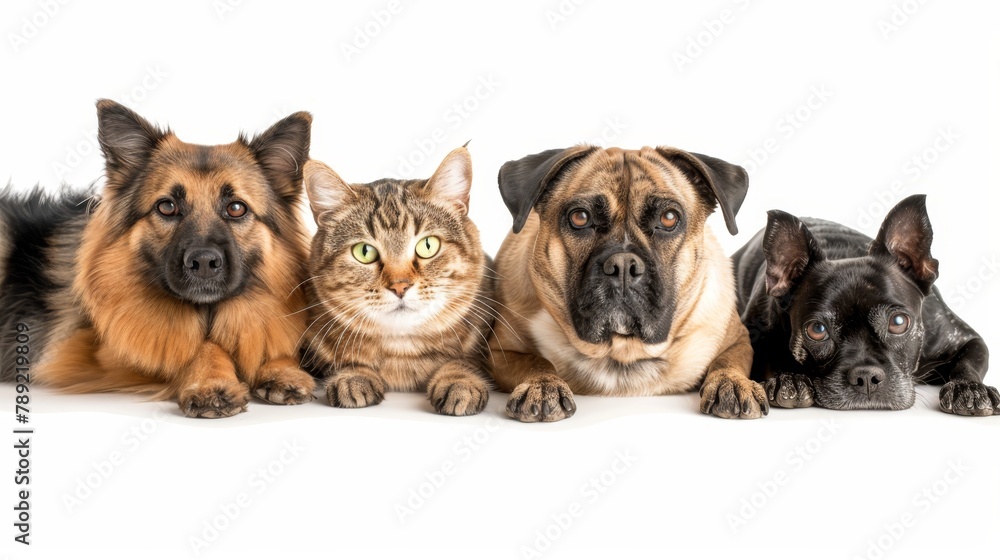 Obraz premium Assortment of cats and dogs in studio setting on white background with ample space for text