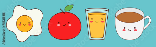 Breakfast healthy food icon set. Coffee tea cup, orange juice glass, fried egg, apple fruit. Cute cartoon kawaii characters. Smiling faces, eyes. Contour line doodle Flat design Blue background Vector