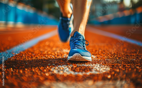 Close up of an athletes sports shoes running on a sports track on sunny day