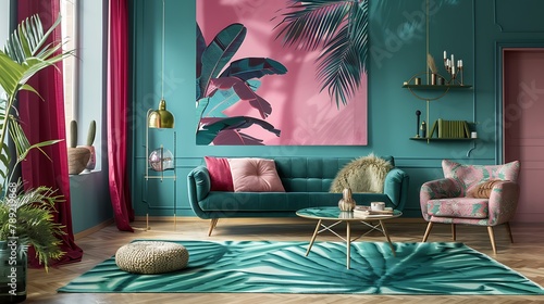 Tropical living room design with shades of millennial pink and teal photo