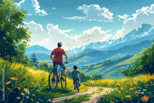 Father's Day poster or banner template featuring a father teaching his child how to ride a bike in a contryside Greetings and presents for Father's Day in an outdoor adventure theme. photo