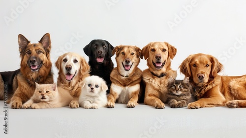 Assorted cats and dogs studio portrait on white background with space for text, high quality image