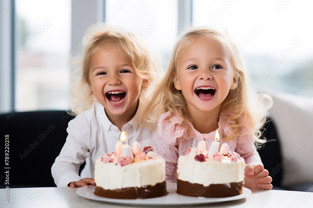 little friends laughing in front of their birthday cake. out-of-focus background decoration little friends laughing in front of their birthday cake. out-of-focus background decoration