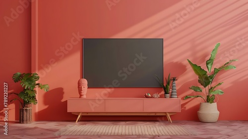 TV in modern room with decoration on living coral color wall background photo