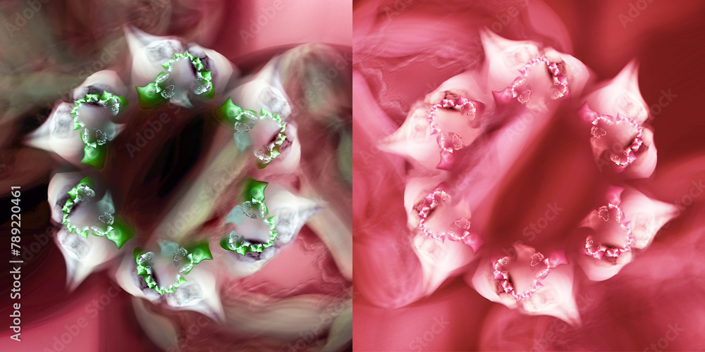 Delicate elegant floral decoration. Light flowers with patterns on the petals on a pink background. Set of graphic design elements. 3D rendering. 3D illustration. Delicate elegant floral decoration. Light flowers with patterns on the petals on a pink background. Set of graphic design elements. 3D rendering. 3D illustration.