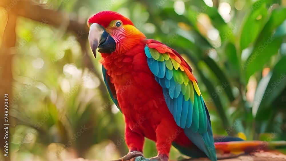 Vibrant red macaw in a tropical setting. Bright parrot with colorful feathers. Concept of wildlife, exotic birds, natural beauty, avian species, and tropical rainforest biodiversity. Motion Vibrant red macaw in a tropical setting. Bright parrot with colorful feathers. Concept of wildlife, exotic birds, natural beauty, avian species, and tropical rainforest biodiversity. Motion