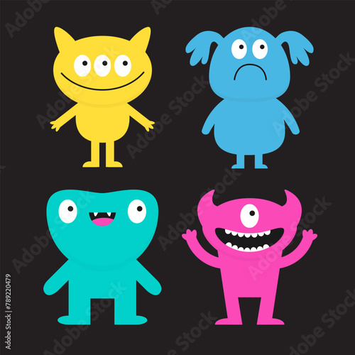 Four monster set. Happy Halloween. Cute cartoon kawaii funny boo character. Colorful silhouette monsters. Different face. Teeth, eyes, horns, hands. Childish style. White background Flat design Vector