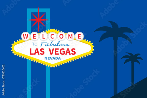 Welcome to fabulous Las Vegas sign icon at night. Classic retro symbol. Nevada sight showplace. Palm tree set. Template for greeting card, banner, sticker print. Flat design. Blue background. Vector