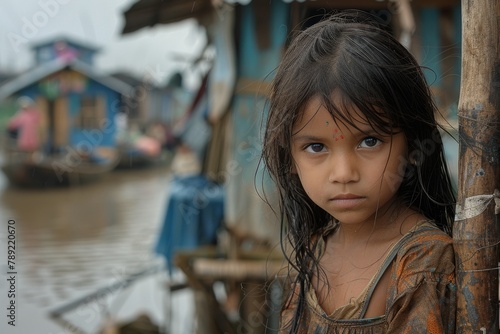 A somber child leans on a wooden pole in a waterlogged slum, with a pensive expression and houses on stilts in the background