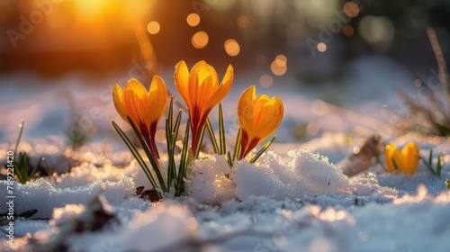 The first crocus flowers emerge from under the snow
