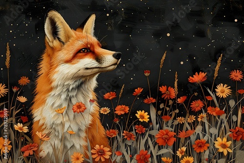 Linocut Fox Wildflower Field, black background