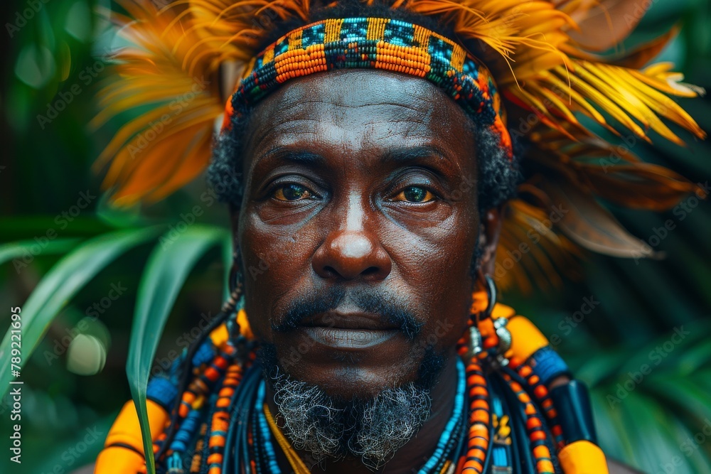 A close-up portrait of an elderly man adorned with a traditional tribal headdress and colorful necklaces, reflecting cultural identity