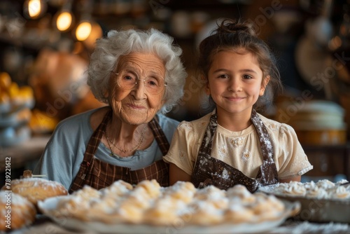 An elderly woman and a young girl, both in aprons, stand smiling behind a table full of pastries, promoting togetherness and family traditions