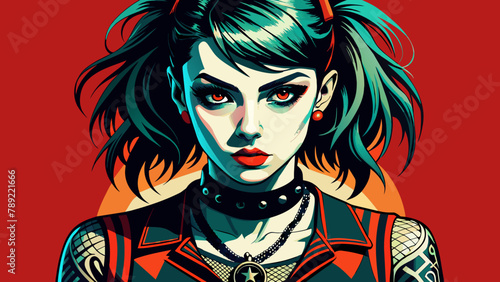 Chica gótica en tatuaje de plantilla: atrevida y Vintage.Chica gótica caliente roja: tatuaje de la plantilla para las camisetas.Hot Goth girl, stencil tattoo, vintage, edgy, for screen printing 