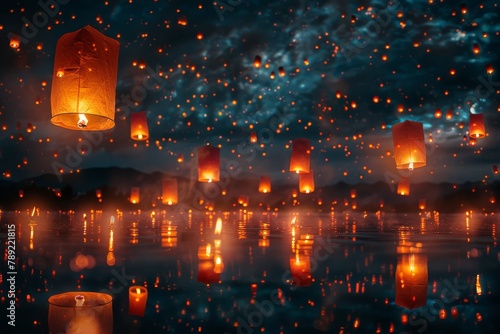 Magical scene of fiery lanterns floating over water against a dark starry sky