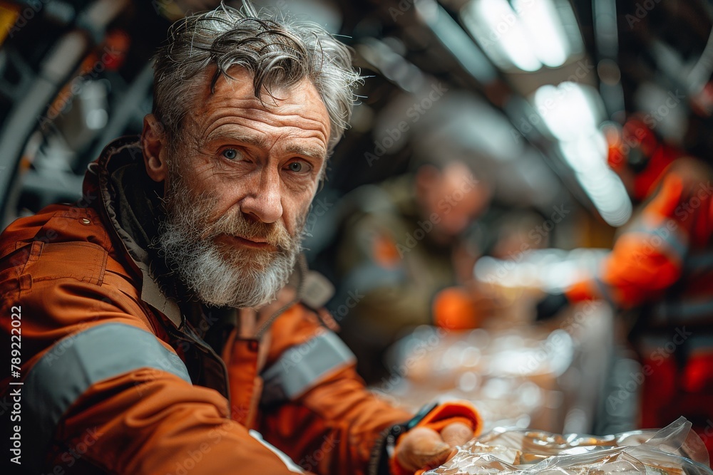 An intensely focused elderly man with a gray beard in orange workwear, in an industrial setting, exemplifying experience and resilience An intensely focused elderly man with a gray beard in orange workwear, in an industrial setting, exemplifying experience and resilience
