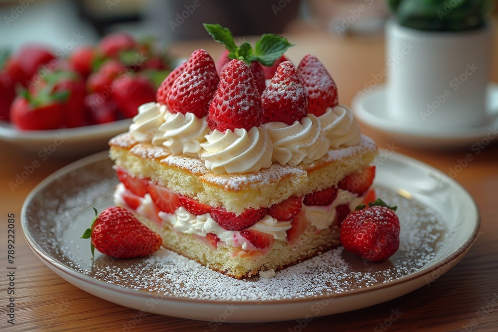 A close-up view of delicious strawberry sponge cake garnished with fresh strawberries and whipped cream on a ceramic plate