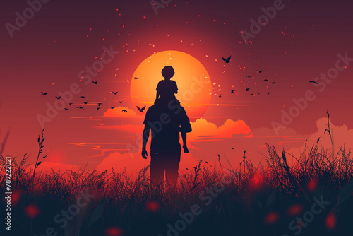 Happy Father's Day Greeting Card Design with a minimalist silhouette of a father carrying his child on his shoulders against a sunset sky backdrop. Vector Celebration Illustration for Best Dad. photo