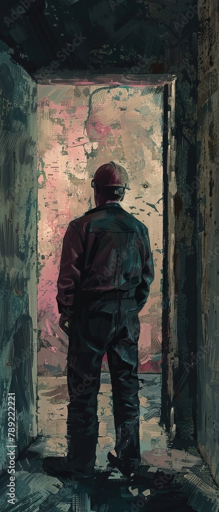 A person stands before a bright doorway in a dark, textured corridor A person stands before a bright doorway in a dark, textured corridor
