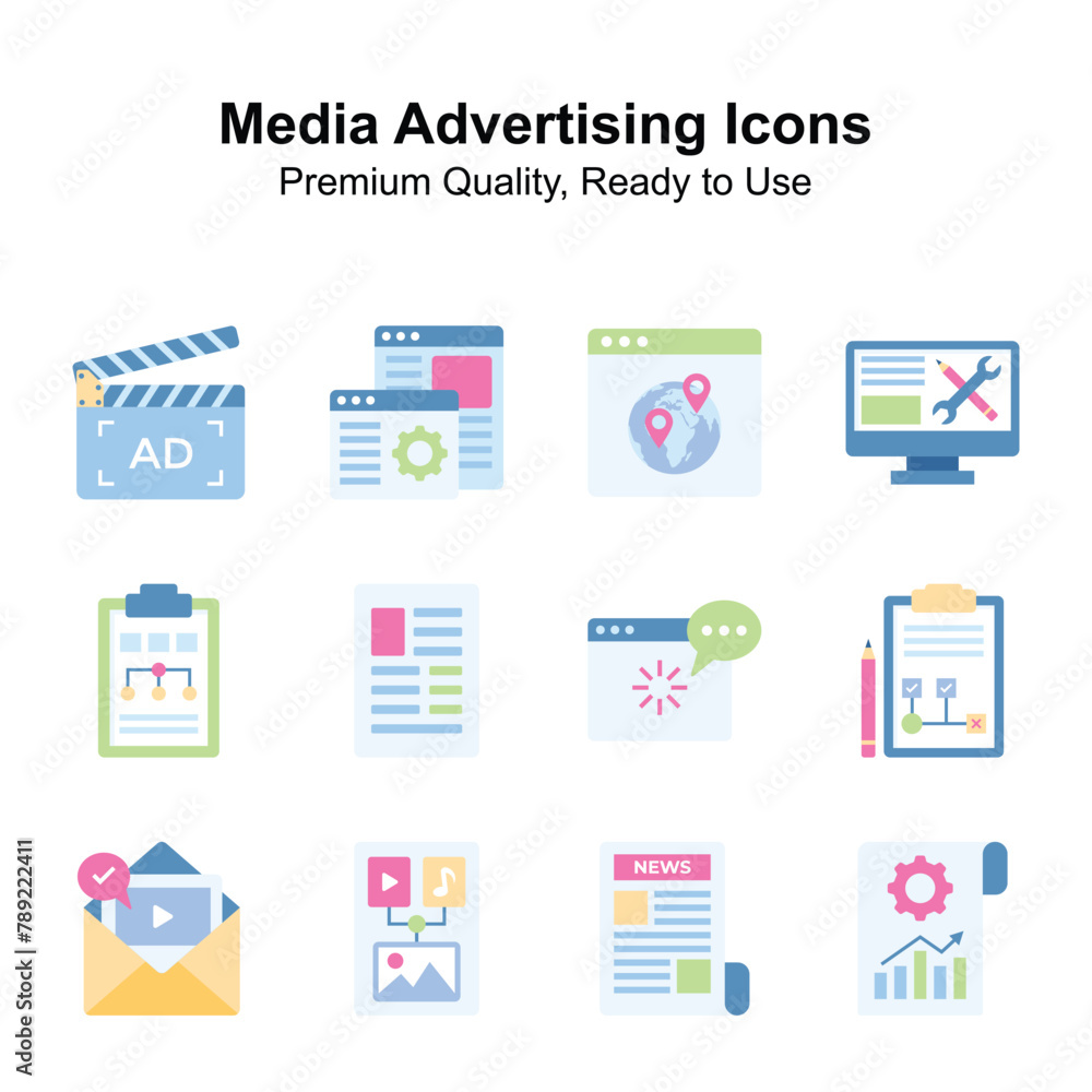 Get this creatively crafted unique icons of media advertising in modern style