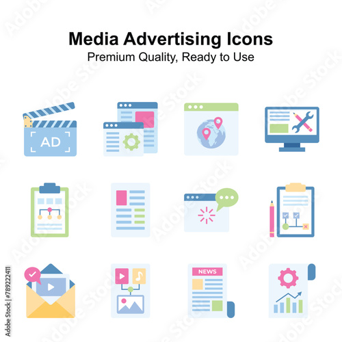 Get this creatively crafted unique icons of media advertising in modern style