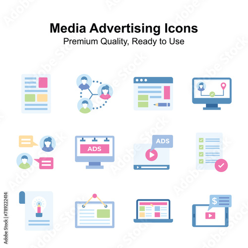 Grab this amazing icons set of media advertising in trendy style