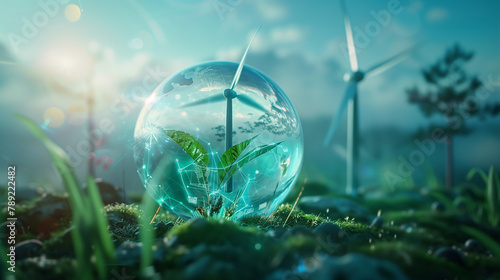 A glass globe with a plant inside of it. The globe is surrounded by a field of grass and rocks. Concept of harmony between nature and technology