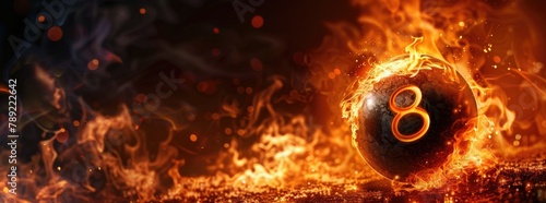 8 ball in fire on dark background, billiards background. photo