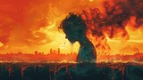 Fiery Despair
An evocative image of a figure kneeling in defeat against a backdrop of an explosive, sun-like eruption enveloping the skies.