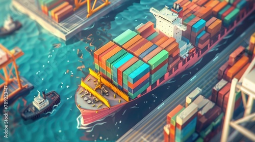Transportation Concept, Cargo ship with colorful containers. Industrial commercial delivery and logistic services element. cartoon illustration