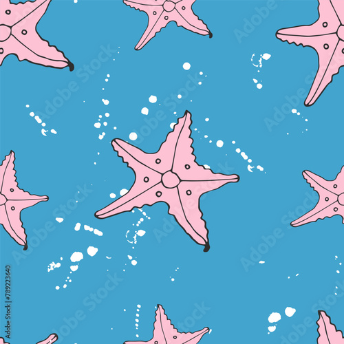 Seamless starfish pattern in scientific style, starfish with vintage texture.Nautical vector pattern.