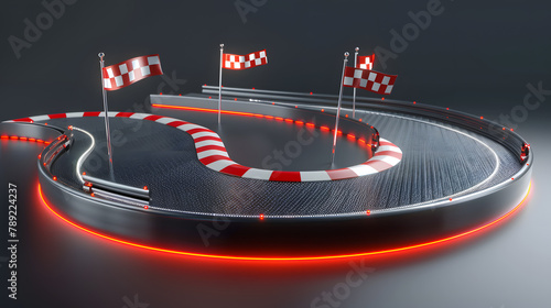 3D render of a race track with red flags and route lines on a gray background. vector illustration for racing apps or motorsport services