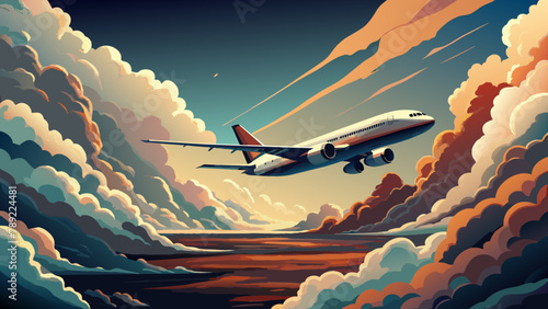 "Generate an evocative AI image depicting a commercial airline flying through a dark sky adorned with white, fluffy clouds. Capture the perspective from below the airplane, emphasizing the vastness of