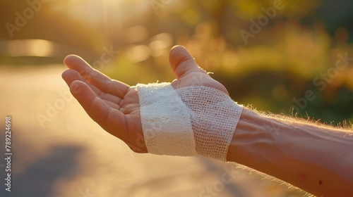 Female with gauze bandage wrapped around her hand for protection and healing an injury photo